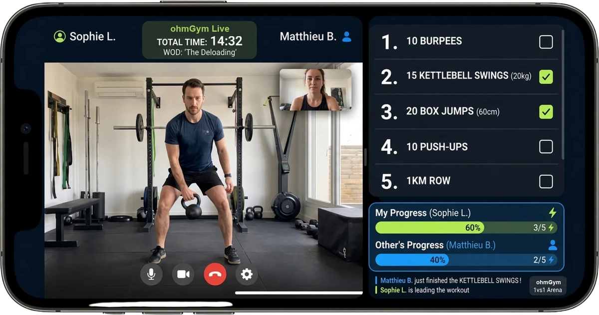 Live 1 vs 1 over video: the opponent in their home gym, the exercise list with checkboxes, and both players' progress bars