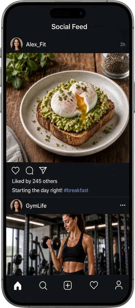 ohmGym social feed: a member's breakfast post, then a training post from the gym