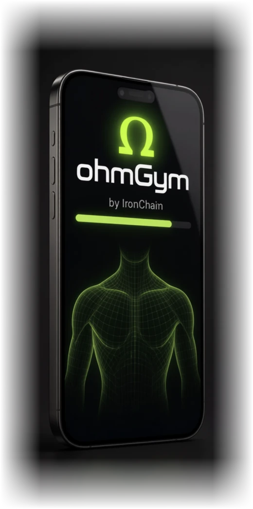 ohmGym starting up: the app name, and under it, by Iron Chain